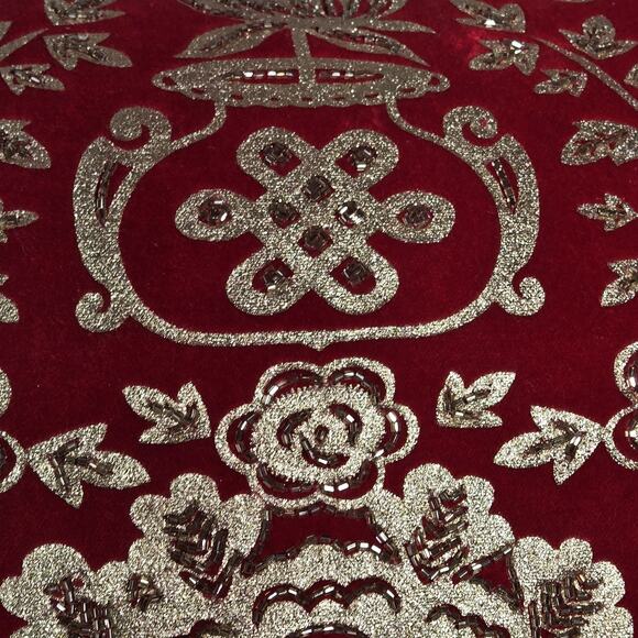 NWT RED APPLIQUE EMBROIDERED GOLD BEADED VELVET PILLOW Chinese 23x14" ASIAN - Picture 10 of 10